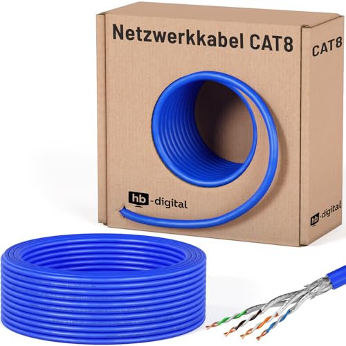 HB-DIGITAL 25m Câble Ethernet CAT 8 S/FTP PiMF CAT8.1 en Cuivre Massif, Câble Réseau d'Installation LSZH, 2000MHz pour Switch, Serveur, PC, Prise RJ45, AWG22 - Bleu