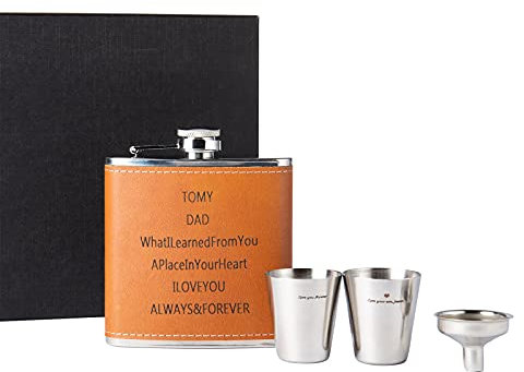 Flasque Alcool Cuir Personnalisé avec 2 Tasses et D'entonnoir Gravure Nom Date ou Texte en Acier Inoxydable Flasque Père Cadeau pour la Fête Des Pères