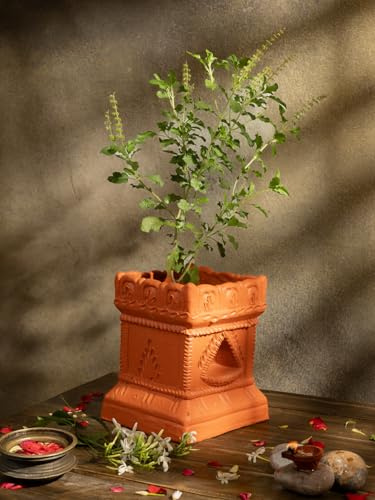 Village Decor Handgefertigter Terrakotta-Ton-Gartenarbeit/Brindavan Tulasi/Tulsi-Topf/Tulsi-Pflanzgefäß für drinnen und draußen, (B x H – 16,5 x 21,6 cm (braun)