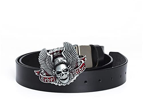 DFGGE Herren Rindsleder Gürtel Taillegürtel Mit Druckknöpfe Verschluss, 3D Western Totenkopf Und Segelfliegen Adler Schnalle Jeans Ledergürtel Für Herren Damen,Schwarz,125cm/waist:42~44