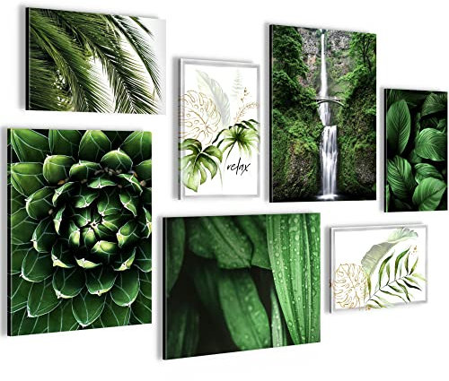 Novart Wandbilder Grüne Blätter Pflanze - KOMPLETT AUFHÄNGFERTIG - Natur Wohnzimmer Schlafzimmer - 7 Moderne Mood-Bilder - N004071a