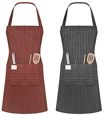 Vicloon Küchenschürze,2 Stück verstellbare Schürze mit 2 Taschen,Maschinenwaschbar, farbecht Schürze für Männer Damen Küche Restaurant Café-grau/Dunkelbraun