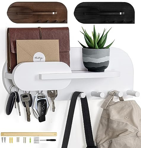 Weißer Brief- und Schlüsselhalter aus Massivholz für die Wand, dekoratives Display – inklusive Briefhalter, Regal mit Haken für Schlüssel und Wäscheklammern zum Aufhängen von Hüten, Mänteln, Taschen,