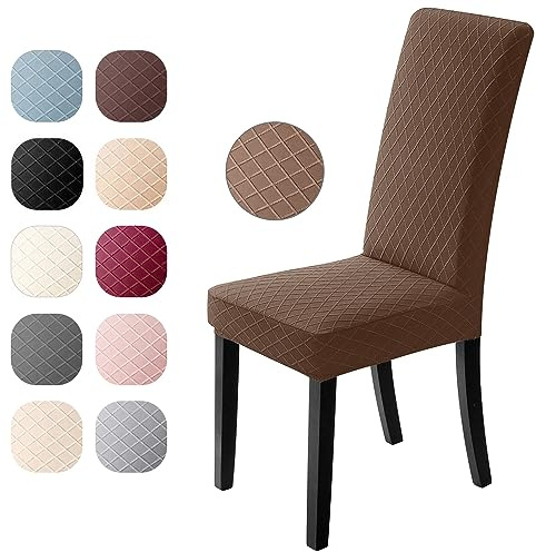 Stuhlhussen 4er Set Universal Stretch Stuhlhussen Moderne Jacquard Husse Abnehmbare Stuhlbezug Abdeckung Esszimmer überzug Bi-Elastic Spannbezug,für Bankett Deko und Hochzeit Partys(Braun,4 er)