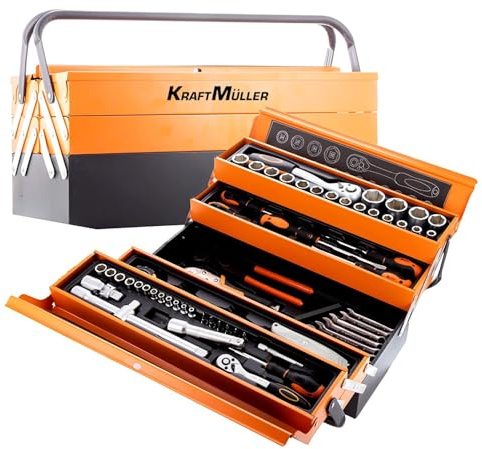 Caisse à outil Kraft Müller KM-85PCS Orange, en métal ultra résistante 85 outils, Top Qualité Chrome Vanadium, Tournevis, Pince