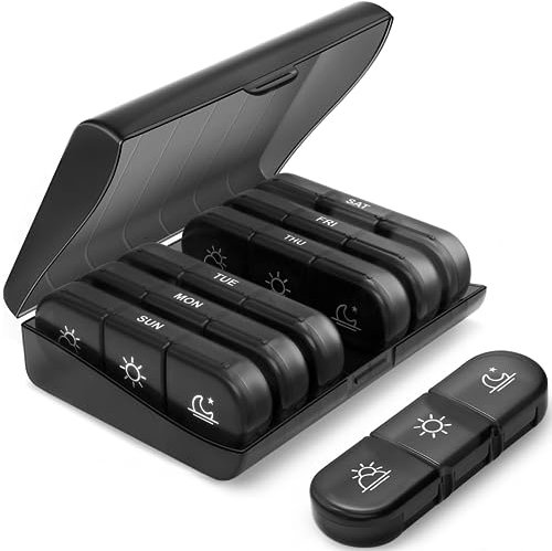 Portapillole 7 giorni 21 scomparti, contenitore pastiglie, organizzatore di pillole 3 volte al giorno, plastica PP per uso alimentare, con funzione antipolvere (Nero, m)