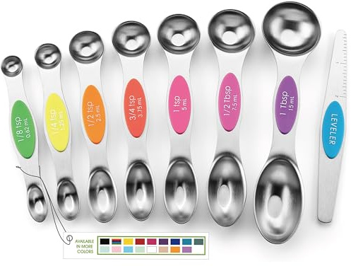 Spring Chef Stainless Steel Magnetic Measuring Spoons Set of 8, Neon | Dual Sided Metal Teaspoon & Tablespoon Measuring Spoons w/ Leveler for Dry & Liquid Ingredients, Fits in Kitchen Spice Jars