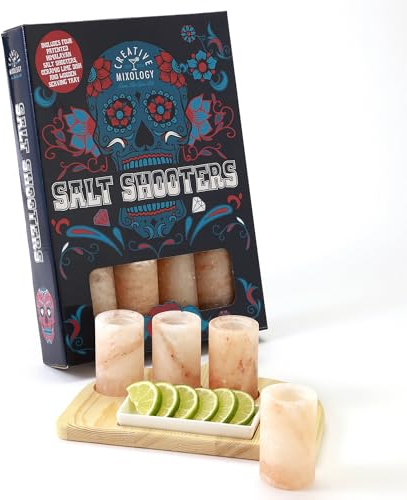 The Spice Lab Tequila Shot Glasses - Pink Himalayan Salt Tequila Shot Glasses - 4 Pack w/Tray - Just Pour, Shoot and Bite a Lime - Natural – Perfect for Your Bar | Just Pour, Shoot and Bite a Lime - Natural Pink Salt Shot Glasses with Serving Tray - For Your Bar and Parties