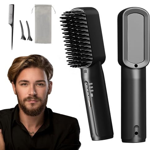 Premium Ionic Beard & Hair Straightener Brush - 3200 mAh Battery, 3 Adjustable Heat Settings