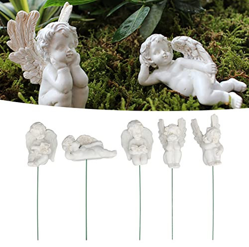 MINGZHE Figur auf Stab, 5 Stück, Amor-Figur auf Stab, Langlebiges Harz, Weiße Miniatur-Engelfigur für Garten, Hinterhof, Rasen, Innen- und Außenbereich, Hausgarten-Dekoration, Bezaubernde Engelsskulpt