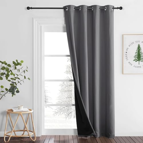 PONY DANCE Blickdichte Vorhänge Grau Thermovorhang Hitzeschutz Ösenschal H 240 x B 140 cm Doppellagiger und Dicker Vorhang gegen Hitze für Tür 100% Verdunklungsgardine Curtain for Bedroom | 1er Set, H240 x B140 cm, Grau, Abdunkelnd, Doppellagig, Schwer, für Schlafzimmer, Wohnzimmer, Kinderzimmer, als Türvorhang