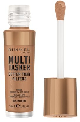 Rimmel Multi Tasker Better Than Filters, 3-i-1 hudprimer, ljusbooster och överstrykningspenna för en naturlig jämn glöd, infuserad med C-vitaminer, vegan och grymhetsfri, 005 medium