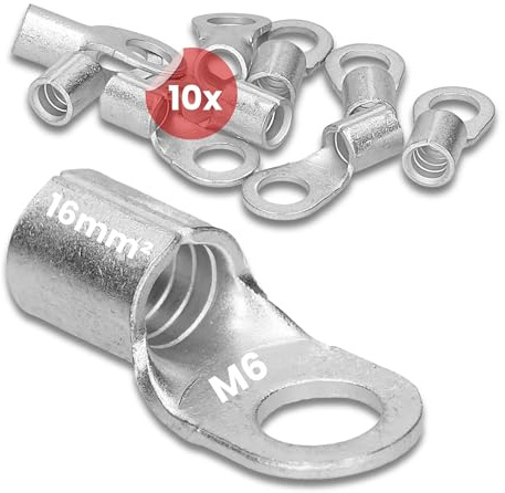 Kalitec 10x Quetschkabelschuh 16mm² M6, Ringkabelschuh Unisoliert DIN 46234 | Elektrolyt-Kupfer Kabelverbinder, Dornpressung für Mehr-, Fein- und Feinstdrähtige Leiter, 10 Stück Quetschverbinder Set