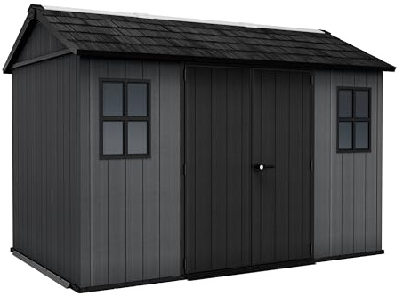 Keter Newton 1175 – Kunststoff Gartenhaus mit Holzoptik, wetterfest, wartungsfrei, 230x350x246cm, Doppeltür, Fenster, Belüftung, Bodenplatte