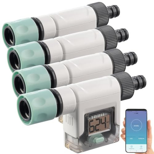 Royal Gardineer Wasserverbrauch-Zähler: 4er-Set Smart-Wasserzähler für Gartenschlauch, Display, Bluetooth, App (Wassermengen-Messer, Mengenzähler)