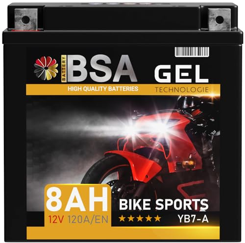 BSA YB7-A GEL Motorradbatterie 12V 8Ah 120A/EN Batterie doppelte Lebensdauer entspricht 50813 12N7-4A vorgeladen auslaufsicher wartungsfrei