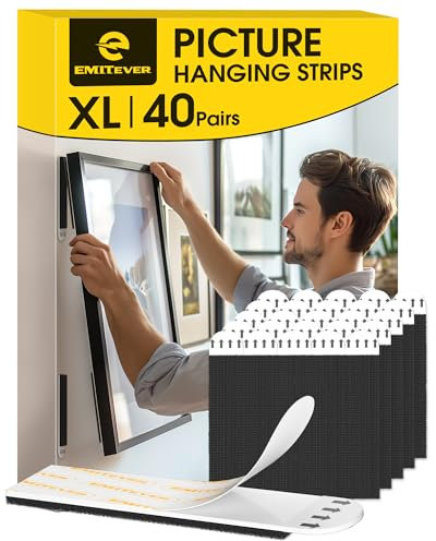 Emitever Picture Hanging Strips Heavy Duty, XL-40 Pairs(80 Strips), Holds up to 7.2 KG, No Damage Picture Adhesive Strips, Hook and Loop Mounting Tape Black