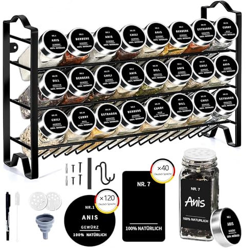 SAEIV Gewürzregal Stehend mit Gewürzdosen,3 lagiger Metall Gewürzregal Wand mit 24 Gewürzgläser 120ml,Gewürzgläser mit Streueinsatz Etiketten Trichter Kreide Montagezubehör Gewürz organizer