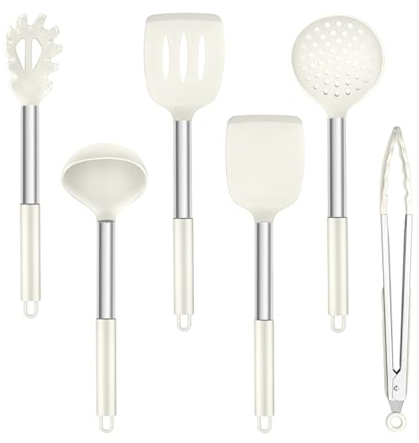 TEAMFAR Juego de 6 utensilios de cocina de silicona con mango de acero inoxidable, resistentes al calor, antiadherentes, color blanco