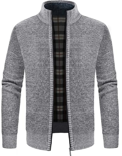 GLESTORE Strickjacke Herren Trachtenjacke Cardigan Fleecejacke Strickjacken für Herren Strickfleecejacke Hell Grau L