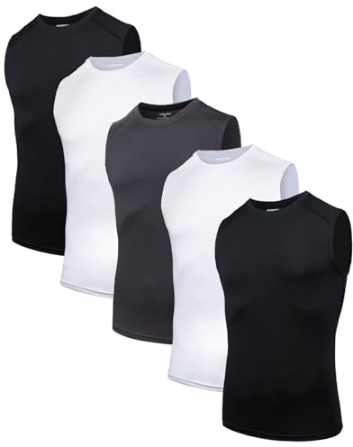 AMZSPORT Confezione da 5 Canotte da Uomo Traspiranti Maglia a Compressione, Maglia Funzionale, Maglia da Corsa, Canotta Senza Maniche per Sport, Palestra, Fitness e Running Nero Bianco Grigio XL