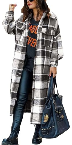 Jhsnjnr Damen Flanell Karierte Jacke Oversize Langarm Revers Button Down Karohemd Baumwolle Lang Hemdjacke Mantel