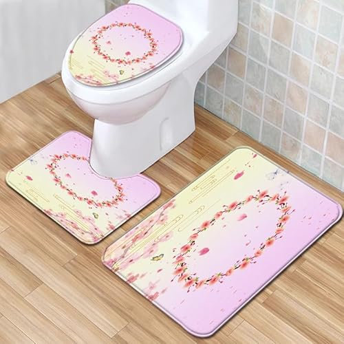 Bad Teppiche Set 3-Teiliges Rosa Pfirsichblüte WC Vorleger Mit Ausschnitt Badematte Saugfähig WC Deckelbezug Badvorleger rutschfest Waschbar Toilettensitzbezug Badgarnitur (45x75cm)