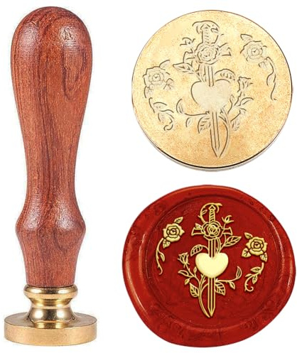 Hobbspring 1 Stück Schwert Herz Wachssiegelstempel Vintage Rosen Wachssiegelstempel Geschenk für Weihnachten 30mm Abnehmbarer Messingkopfstempel Mit Holzgriff Für Umschläge Hochzeitsverzierung