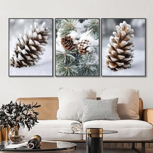 3er Moderne Premium Poster Set, Schlafzimmer Wandbilder, Winter Poster Tannenzapfen, Wandkunst für Wohnkultur, Bilder Wohnzimmer Deko, Ohne Rahmen Weihnachts-Poster Wandkunst (50x70 cm,Tannenzapfen)