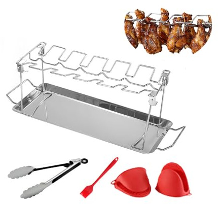 Xersex Hähnchenschenkel Halter aus 100% Edelstahl inkl. Auffangschale Backofenfest - Robuster Hähnchen Grill Ständer - für 12 Schenkel, Spülmaschinengeeignet, 1-teilige Silikon-Backbürste, 1 Hitzebest