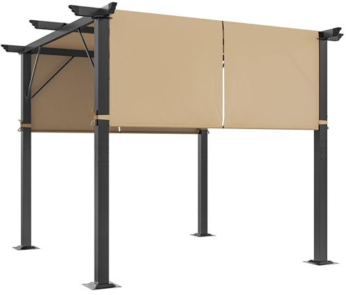 YITAHOME Metal Pergola with Retractable Roof 3x 3m, Outdoor Pergola Includes Water-Resistant and SPF 15 PU Coated Canopy, Sun Shade for Barbecue Events, Garden Parties brown