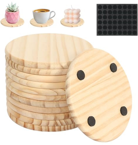 DELAESI 12 Stück Holz-Untersetzer Rund mit Rutschfeste Matte, Blanko Natur-Holz, Kerzenständer, Kerzenteller für Getränke, Sukkulenten, Kerzen