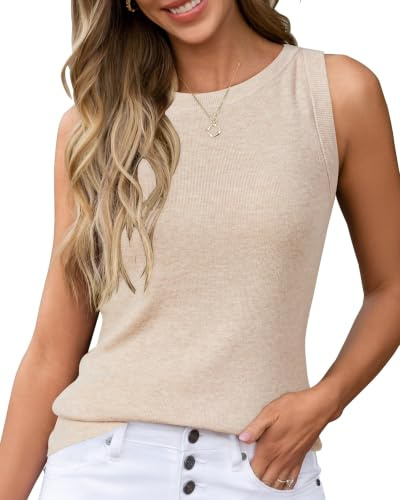 Arach&Cloz 2026 Womens Cashmere Tank Tops Summer Fall Sleeveless Vest Crew Neck Soft Sweater Cute Fashion Dressy Business Casual Outfits Knit Trendy Work Teacher Clothes Apricot S