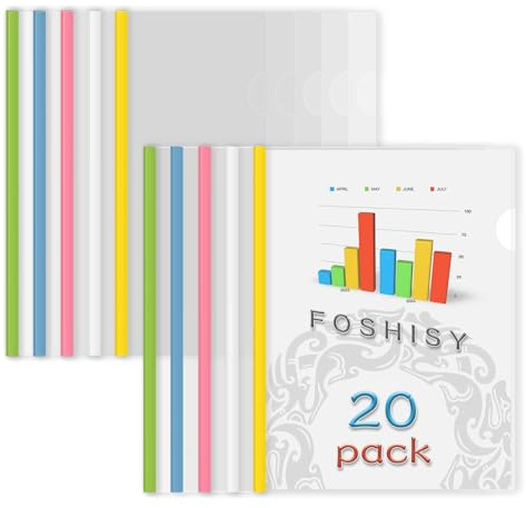 FOSHISY Transparente Berichtsmappen mit Schiebestangen, A4, 20 Stück, 6 mm (25 Blatt Kapazität), Schiebestange, Berichtshüllen, 5 Farben
