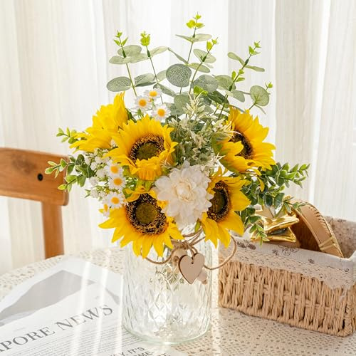 Donmills Flores falsas con jarrón, girasol artificial de seda y dalia blanca, arreglo en jarrón adecuado para decoración del hogar, decoración de primavera, oficina, comedor, mesa de centro, cocina,
