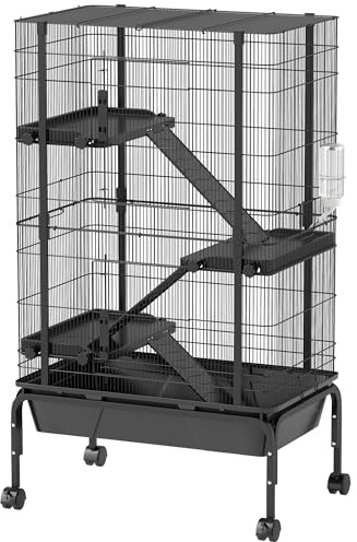 PawHut Gabbia per piccoli animali a 4 livelli per roditori con ruote, rampe, ciotola per l'acqua e vassoio rimovibile Recinto per conigli Cincillà Furetti 69x44x120 cm Nero