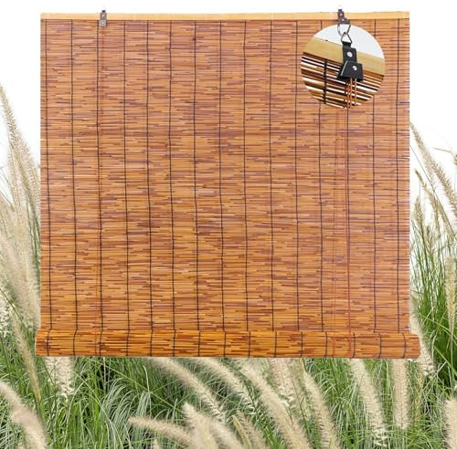 Bambusrollo Wetterfest Aussen Retro Schilf Vorhang Sonnenschutz Sichtschutz Rollo mit Lifter Bambus Rollo 80 90 100 120 140cm Breit Fenster Sonnenschutz Rollo Bambus Rollo Jalousine für Balkon(Carboni