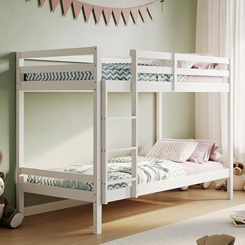 Kids Collective Hochbett Etagenbett Hochbett 90x200 Kinderbett aus Holz EN 747-zertifiziert platzsparendes & sicheres Stockbett 206x96x146 cm (BxTxH) mit Matratze Weiß | von 4. bis 18. Lebensjahr