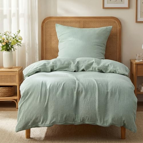 BEDSURE Musselin Bettwäsche 135x200 2teilig - Grün, 80x80 Kissen, Oeko-TEX | 100 % Baumwolle Bettwäsche-Sets, 1 Bettbezug 135 x 200 und 1 Kissenbezug 80 x 80, mit Reißverschluss, Weich, Atmungsaktiv