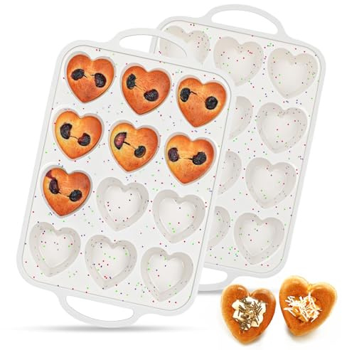 FUNBAKY 2 Pcs Heart Shaped Silicone Muffin Pan，Metal Reinforced Frame, 12-Cavity Nonstick Silicone Heart Mold for Muffins, Cupcakes, Bread,Chocolate Muffin and Tartlets