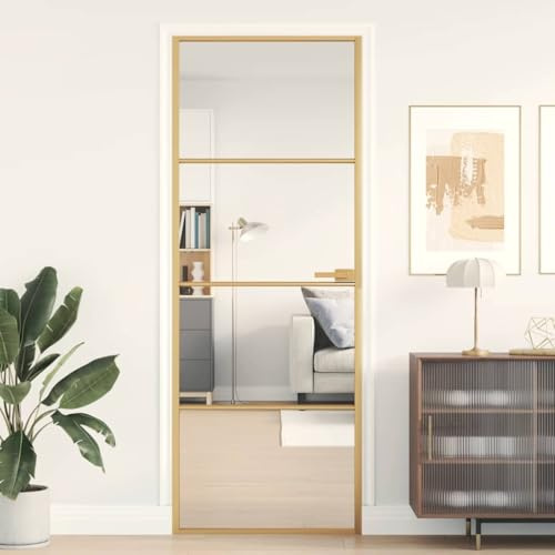 QJBSAVVA Moderne Glastüren mit Goldrahmen 76x201,5 cm Hartglas Aluminium Tür mit Zarge für Schlafzimmer Büro Flur