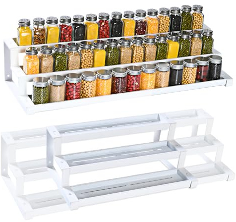 GOENDR 3 Tier Spice Rack for Inside Cupboard, 41-75cm Expandable Spice Organiser, Large Seasoning Organizer, Spice Jars Rack for Kitchen Countertop, Pantry, Bathroom, White