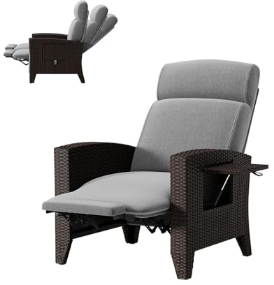 lovtuwr Rattansessel,handgeflochtenem Premium Gartenliege aus PE-Rattan, verstellbar (bis 165°) | Mit Klapptisch & Fußstütze | Wetterfest inkl. Kissen & Abdeckung | Für Balkon & Garten (A-(L))