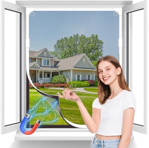 MLEJU Fliegengitter Magnet Fenster, 130x130 cm Individuell zuschneidbar | Verstärktes Glasfasergewebe, Einfache Montage ohne Bohren ,Magnetrahmen,Insektenschutz fenster magnetisch- Graues Netz