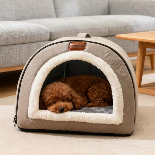 PETCUTE 2-in-1 Katzenhaus für Drinnen, Katzenhöhle Indoor, Warmes Katzenbett mit rutschfeste Unterseite,Faltbare Hundehöhle mit Abnehmbarem Waschbar Kissen,für Katzen & Kleine Hunde,Braun,M