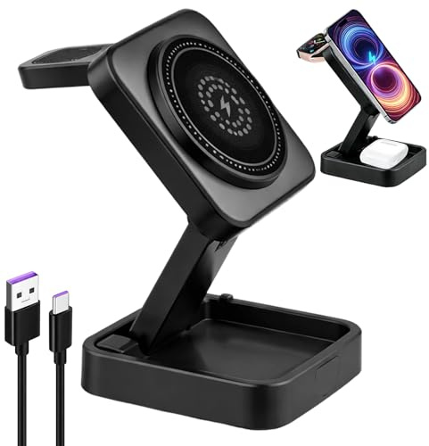Caricatore Wireless 3 in 1 Pieghevole per i Phone 17/16/15/14/13/12, A pple Watch e Auricolari Bluetooth, Stazione di Ricarica Rapida 15W con Luce Notturna Touch e Base Antiscivolo