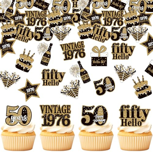 SYKYCTCY 63 Pack Edible Happy 50th Birthday Cupcake Toppers Hello Fifty Cheers to 50 Years Cupcake Picks 50 Fabulous Cupcake Decorations for 50th Birthday Party Cake Decor Supplies