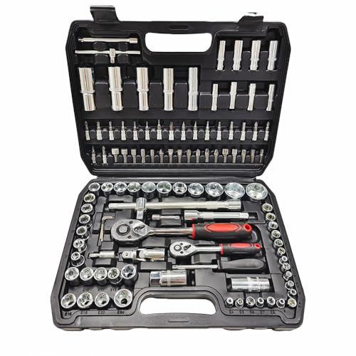 Set Chiavi Attrezzi a Bussola 108 pezzi con Cricchetto – Valigetta Completa con Bussole, Inserti e Prolunghe – Acciaio Cromato Vanadio