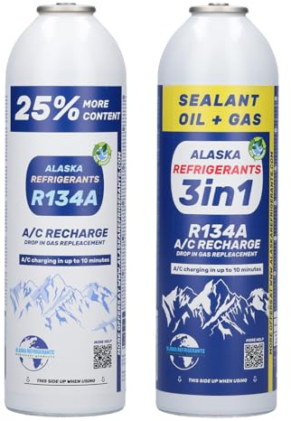 Alaska Refrigerants R134a Liquide réfrigérant de rechange 3 en 1 avec huile PAG 100 et scellant + réfrigérant de rechange R134a