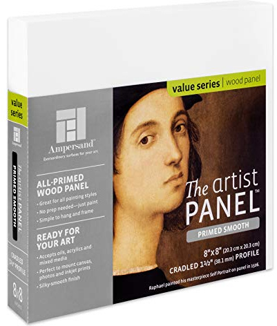 Ampersand Art Supply Primed Smooth Artist Panel | 8 x 8 | 1-1/2 Cradled Profile | Gessoed Wood Painting Panel for Oil, Acrylic & Mixed Media | Canvas Board & Wood Panel Alternative
